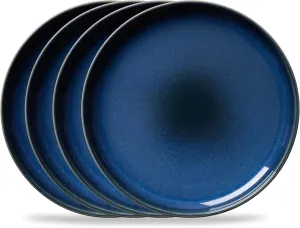 Corelle Stoneware 4-Piece Ceramic 10.5" Dinnerware Plate Set, High Edge Raised Rim Flat Dishes, Modern Rustic Handcrafted Artisanal Double Bead Glaze, Navy