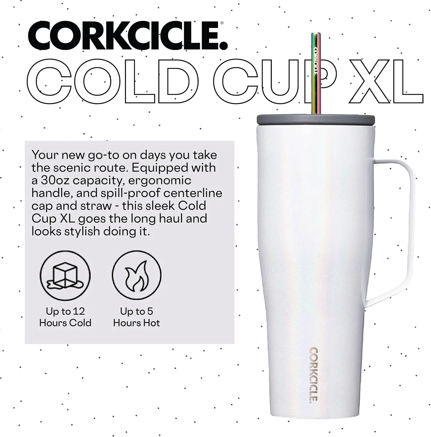 Corkcicle Cold Cup XL Insulated Tumbler with Handle, Lid, & Straw, Sparkle Unicorn Magic, 30 oz – Reusable Cupholder Friendly Water Bottle Keeps Drinks Cold 12hrs