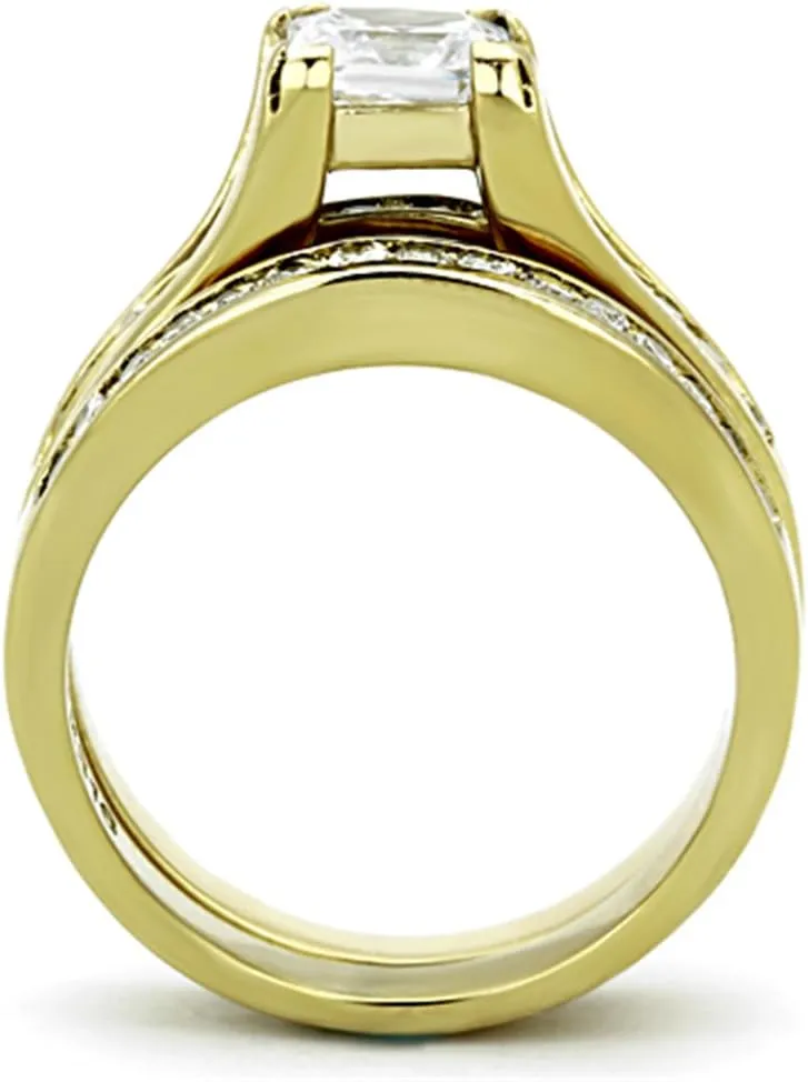 Couples Ring Set Womens 14K Gold Plated Stainless Steel Princess CZ Engagement Ring Mens Gold Plated Flat Wedding Band