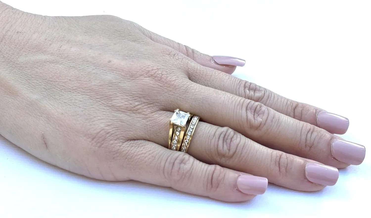 Couples Ring Set Womens 14K Gold Plated Stainless Steel Princess CZ Engagement Ring Mens Gold Plated Flat Wedding Band