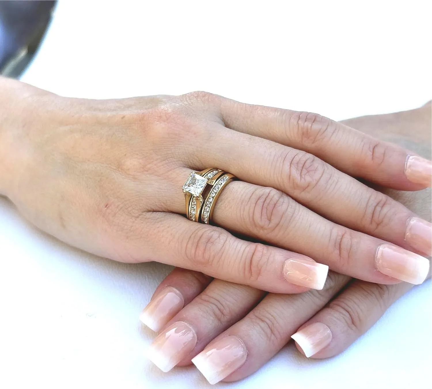 Couples Ring Set Womens 14K Gold Plated Stainless Steel Princess CZ Engagement Ring Mens Gold Plated Flat Wedding Band