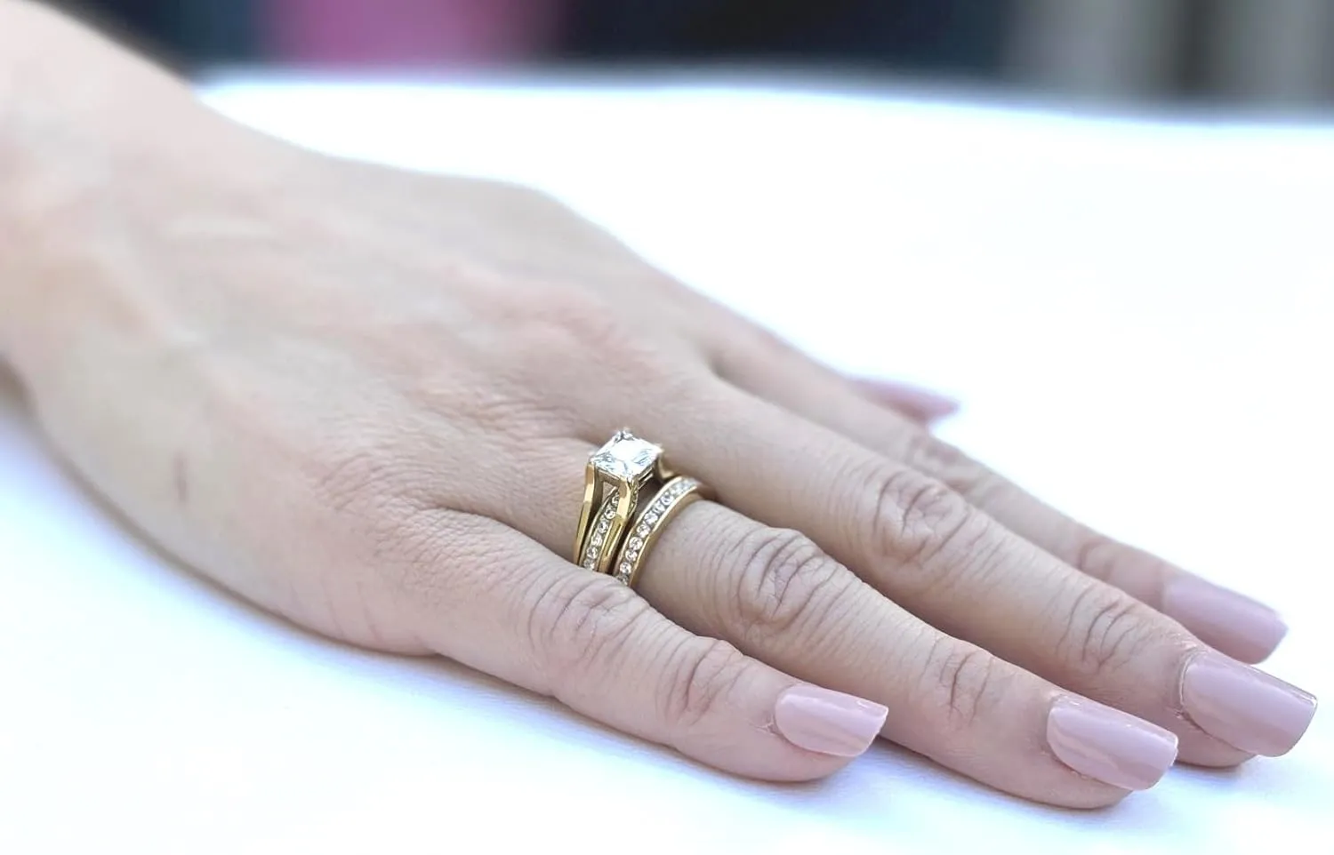 Couples Ring Set Womens 14K Gold Plated Stainless Steel Princess CZ Engagement Ring Mens Gold Plated Flat Wedding Band