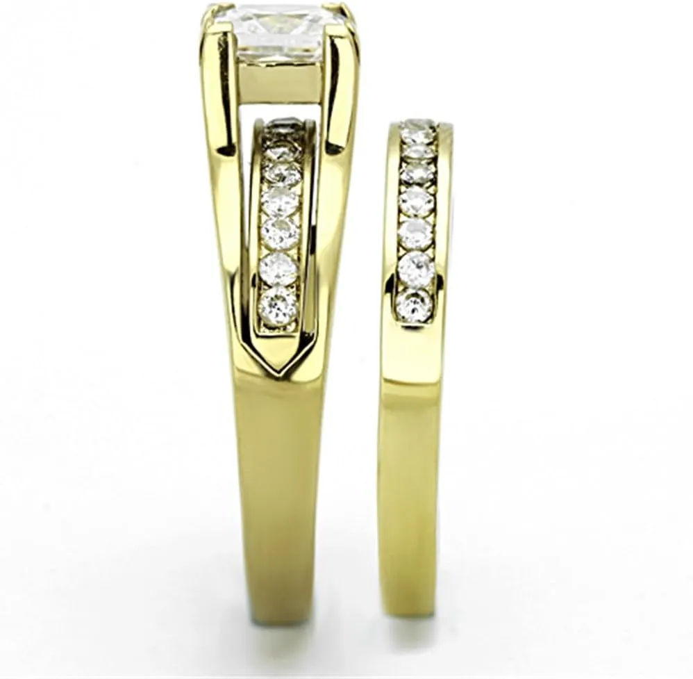 Couples Ring Set Womens 14K Gold Plated Stainless Steel Princess CZ Engagement Ring Mens Gold Plated Flat Wedding Band