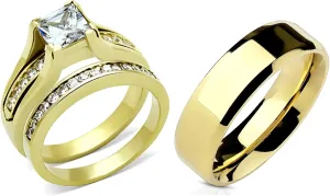 Couples Ring Set Womens 14K Gold Plated Stainless Steel Princess CZ Engagement Ring Mens Gold Plated Flat Wedding Band
