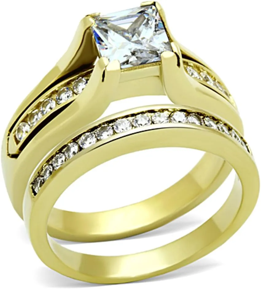 Couples Ring Set Womens 14K Gold Plated Stainless Steel Princess CZ Engagement Ring Mens Gold Plated Flat Wedding Band
