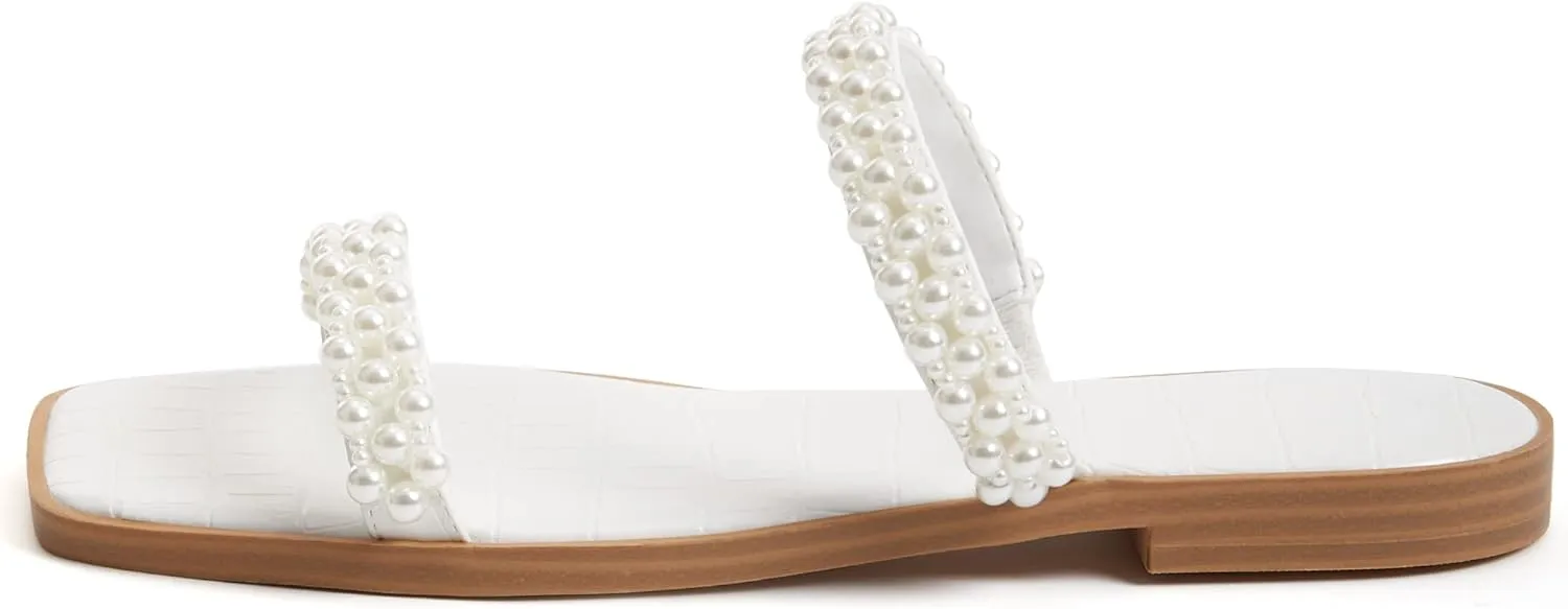 Coutgo Womens Flat Sandals Square Open Toe Pearl Two Strap Slip On Beach Slide Dressy Sandal