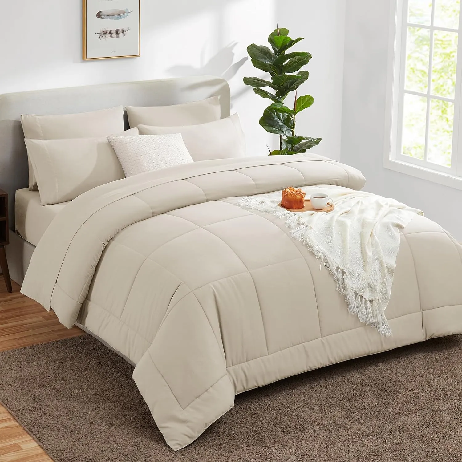 CozyLux Beige California King Size Comforter Sets 7 Pieces Bed in a Bag Set Cream Beige Bedding Sets Off White Cal King with All Season Quilted Comforter, Flat Sheet, Fitted Sheet, Pillowcases