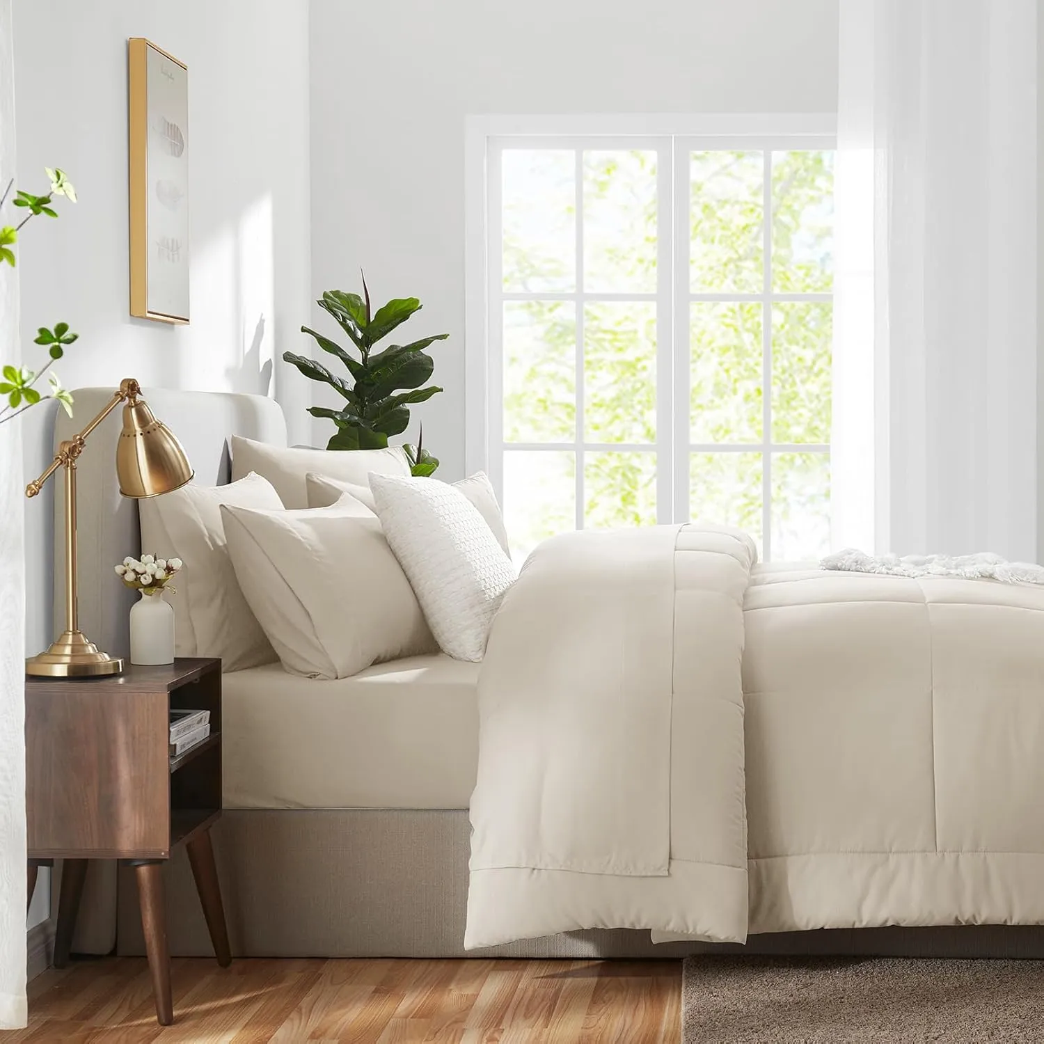 CozyLux Beige California King Size Comforter Sets 7 Pieces Bed in a Bag Set Cream Beige Bedding Sets Off White Cal King with All Season Quilted Comforter, Flat Sheet, Fitted Sheet, Pillowcases