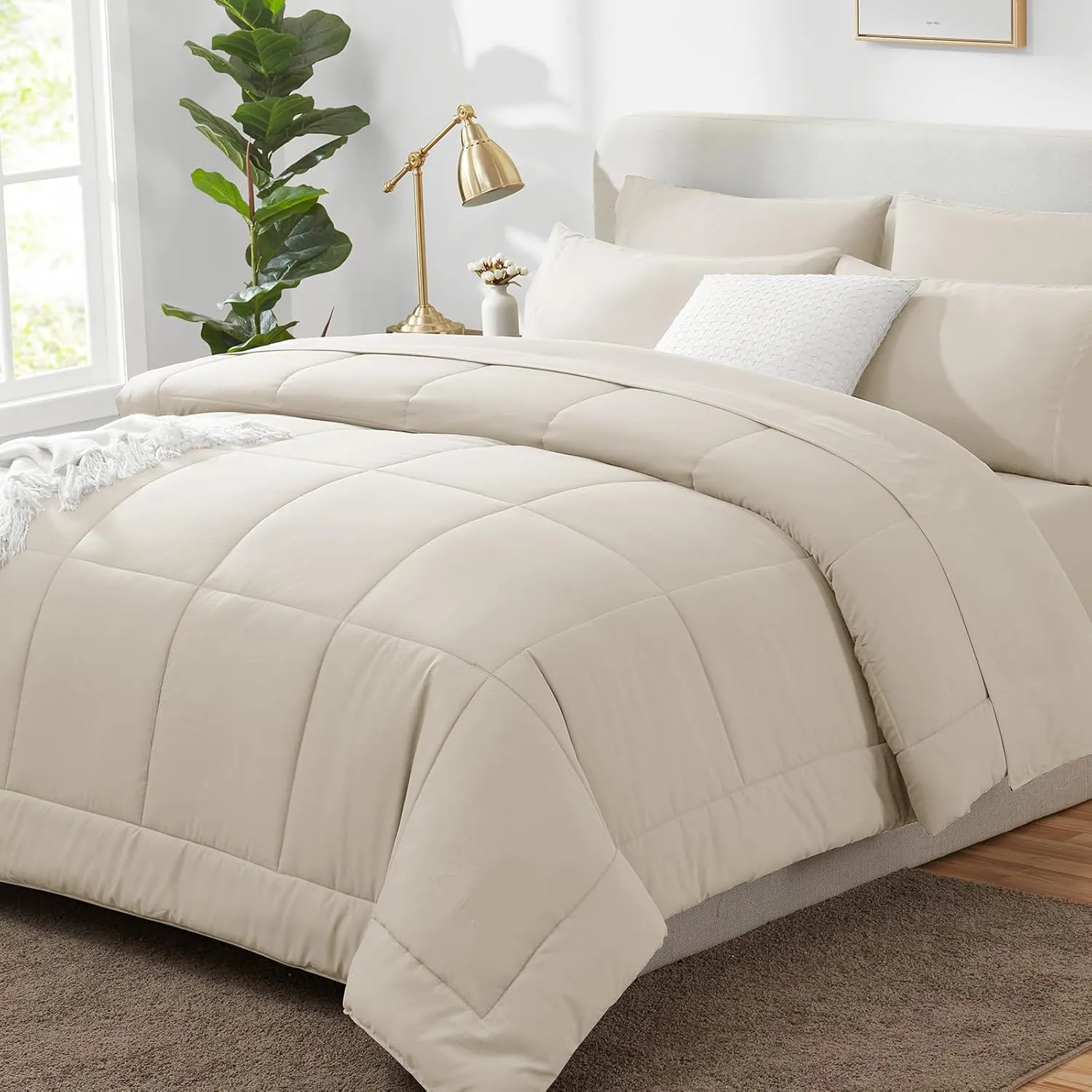 CozyLux Beige California King Size Comforter Sets 7 Pieces Bed in a Bag Set Cream Beige Bedding Sets Off White Cal King with All Season Quilted Comforter, Flat Sheet, Fitted Sheet, Pillowcases