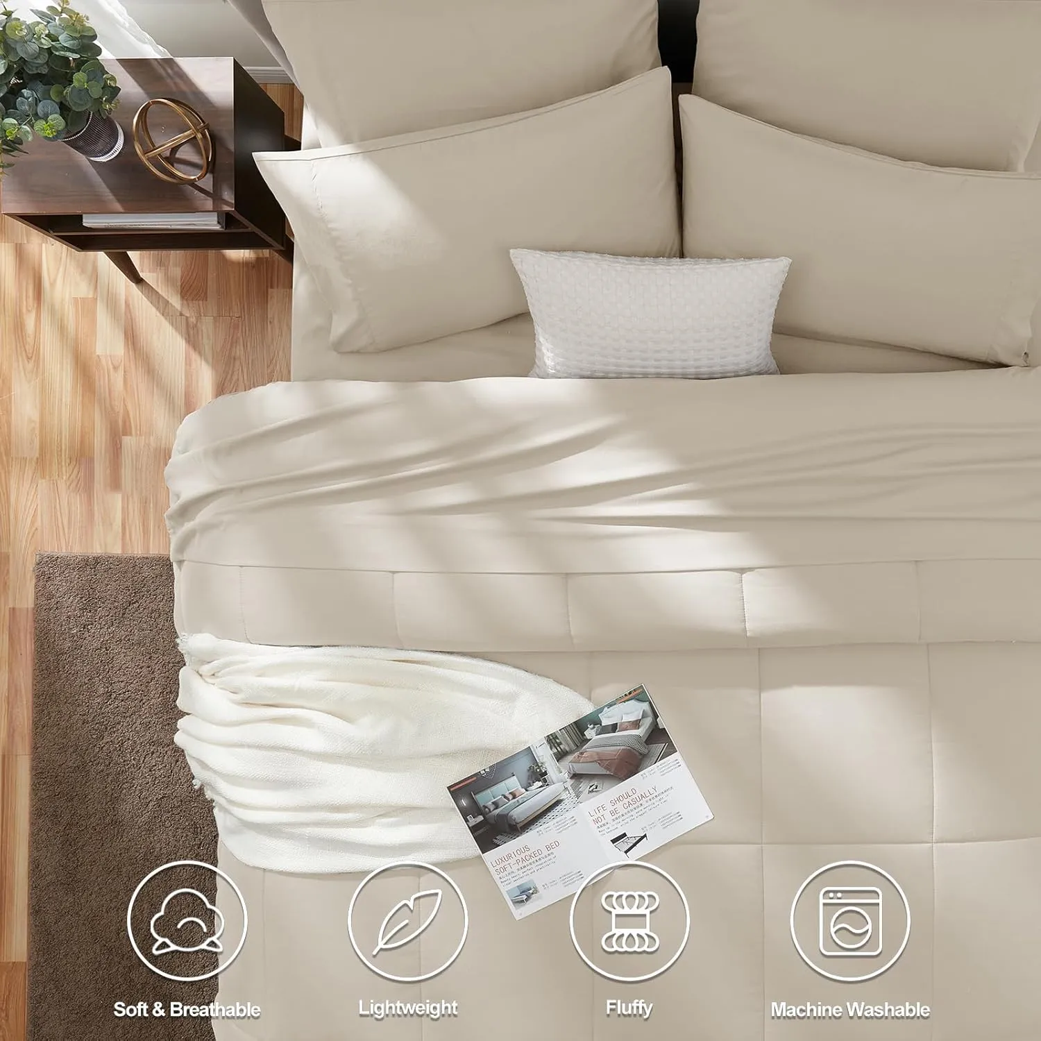 CozyLux Beige California King Size Comforter Sets 7 Pieces Bed in a Bag Set Cream Beige Bedding Sets Off White Cal King with All Season Quilted Comforter, Flat Sheet, Fitted Sheet, Pillowcases