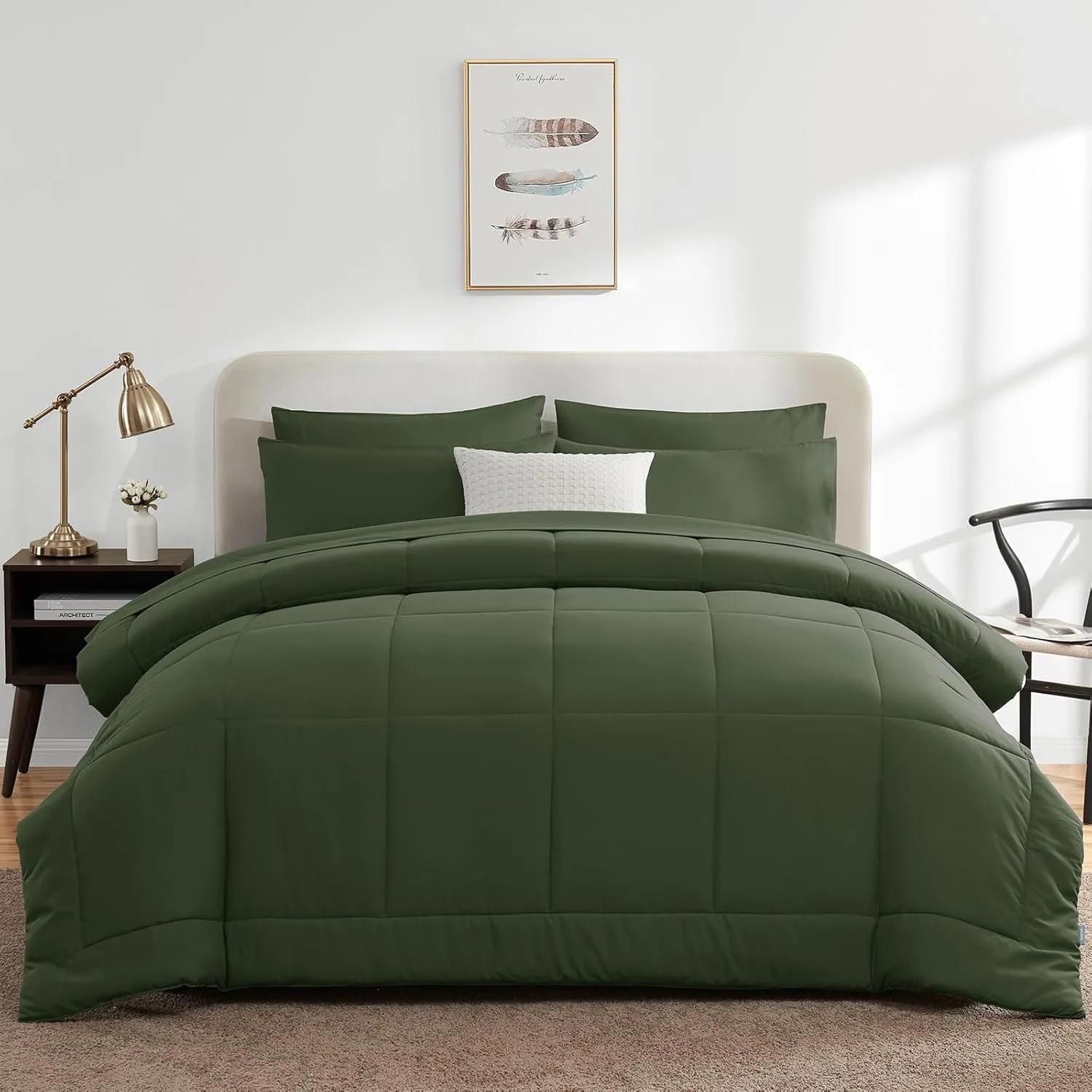 CozyLux Queen Comforter Set Olive Green, 7 Pieces Bed in a Bag, Olive Green Comforter Queen Size, All Season Bedding Sets with Stitch Quilted Comforter, Flat Sheet, Fitted Sheet, Pillowcases