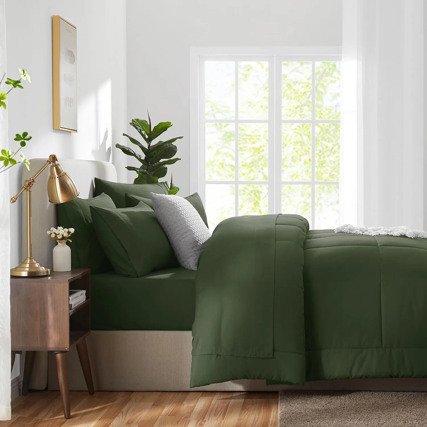 CozyLux Queen Comforter Set Olive Green, 7 Pieces Bed in a Bag, Olive Green Comforter Queen Size, All Season Bedding Sets with Stitch Quilted Comforter, Flat Sheet, Fitted Sheet, Pillowcases