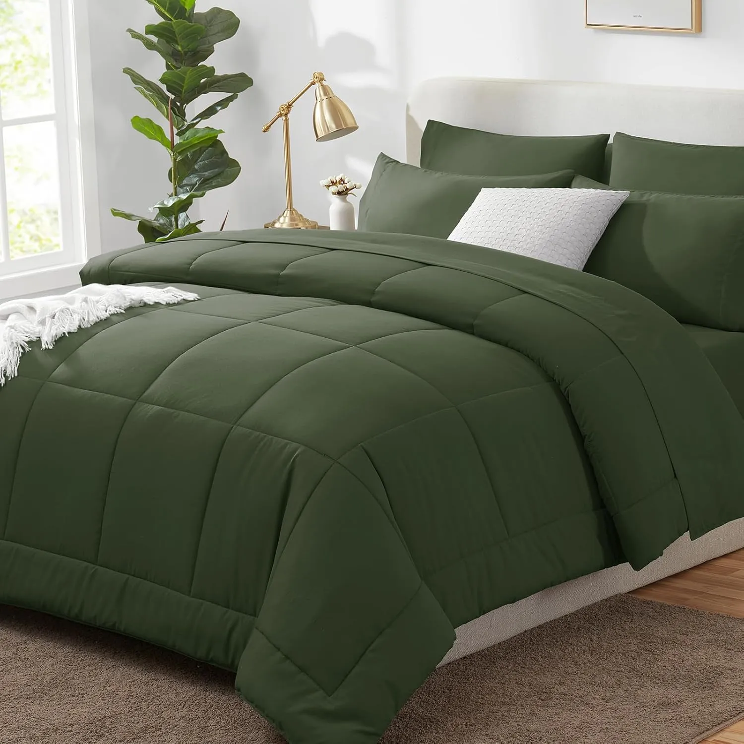 CozyLux Queen Comforter Set Olive Green, 7 Pieces Bed in a Bag, Olive Green Comforter Queen Size, All Season Bedding Sets with Stitch Quilted Comforter, Flat Sheet, Fitted Sheet, Pillowcases