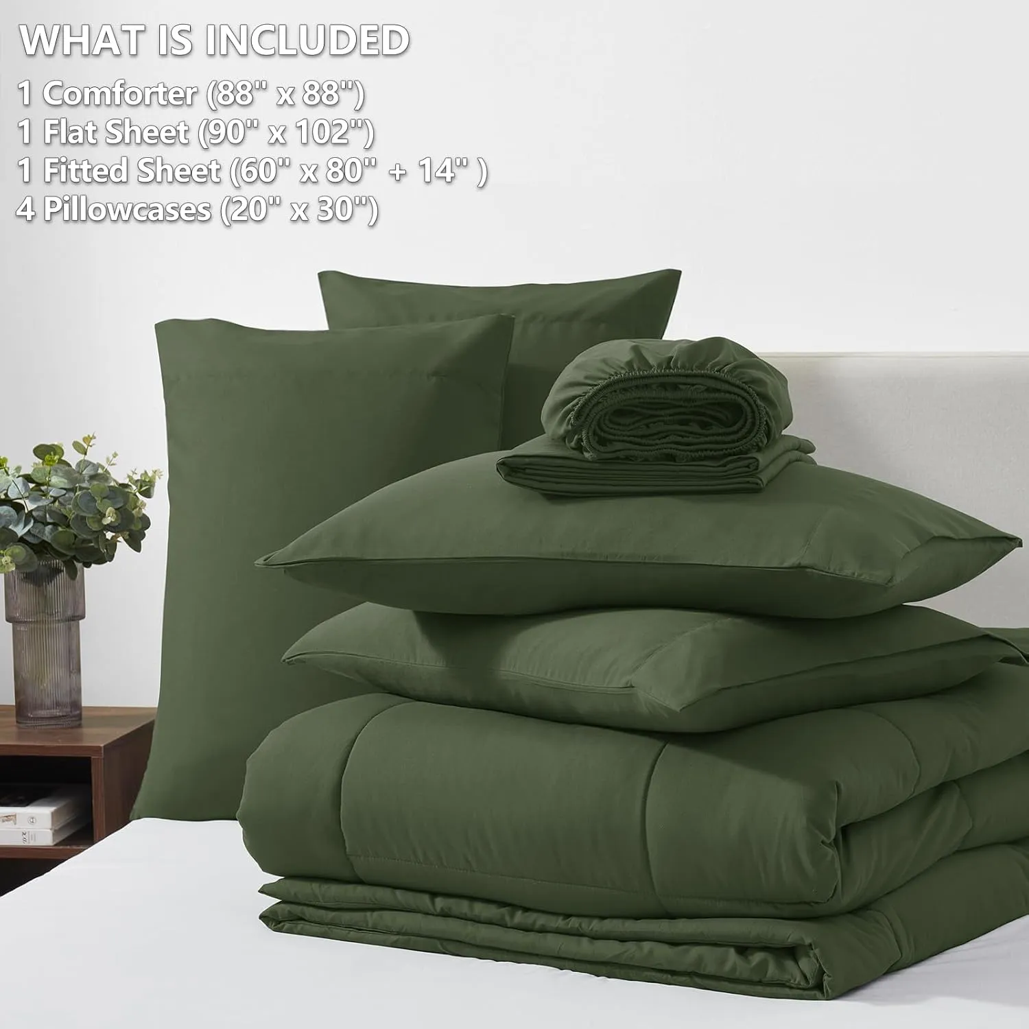 CozyLux Queen Comforter Set Olive Green, 7 Pieces Bed in a Bag, Olive Green Comforter Queen Size, All Season Bedding Sets with Stitch Quilted Comforter, Flat Sheet, Fitted Sheet, Pillowcases