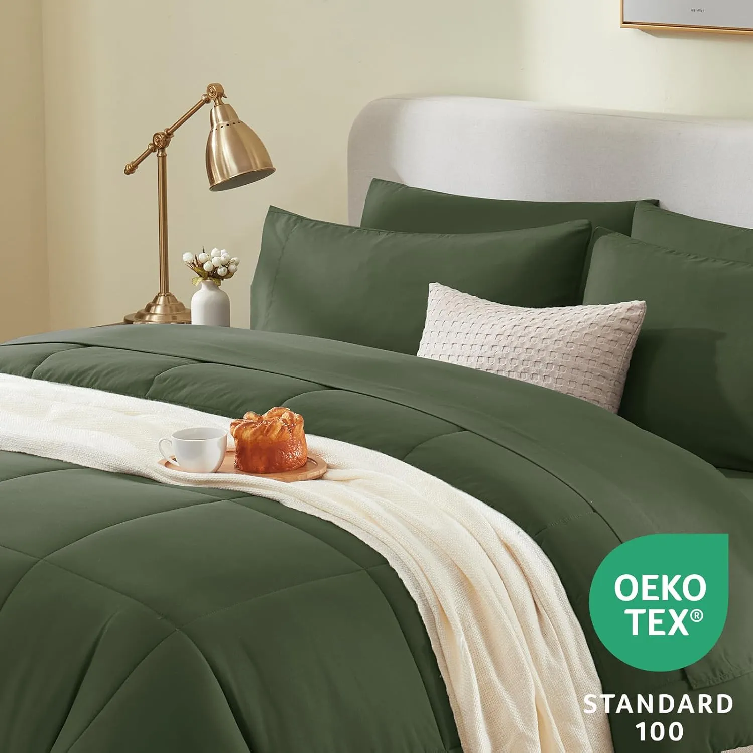 CozyLux Queen Comforter Set Olive Green, 7 Pieces Bed in a Bag, Olive Green Comforter Queen Size, All Season Bedding Sets with Stitch Quilted Comforter, Flat Sheet, Fitted Sheet, Pillowcases