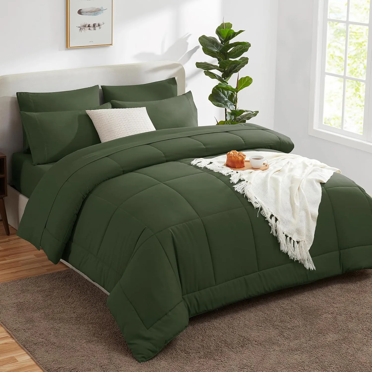 CozyLux Queen Comforter Set Olive Green, 7 Pieces Bed in a Bag, Olive Green Comforter Queen Size, All Season Bedding Sets with Stitch Quilted Comforter, Flat Sheet, Fitted Sheet, Pillowcases
