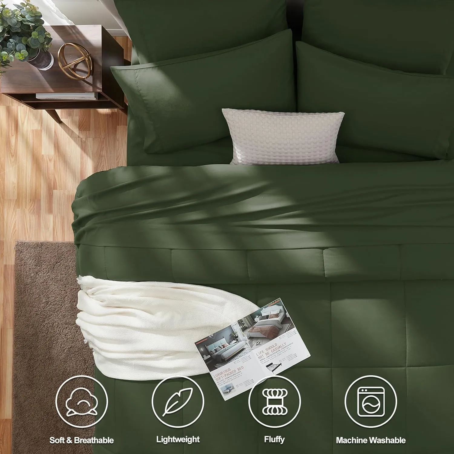 CozyLux Queen Comforter Set Olive Green, 7 Pieces Bed in a Bag, Olive Green Comforter Queen Size, All Season Bedding Sets with Stitch Quilted Comforter, Flat Sheet, Fitted Sheet, Pillowcases