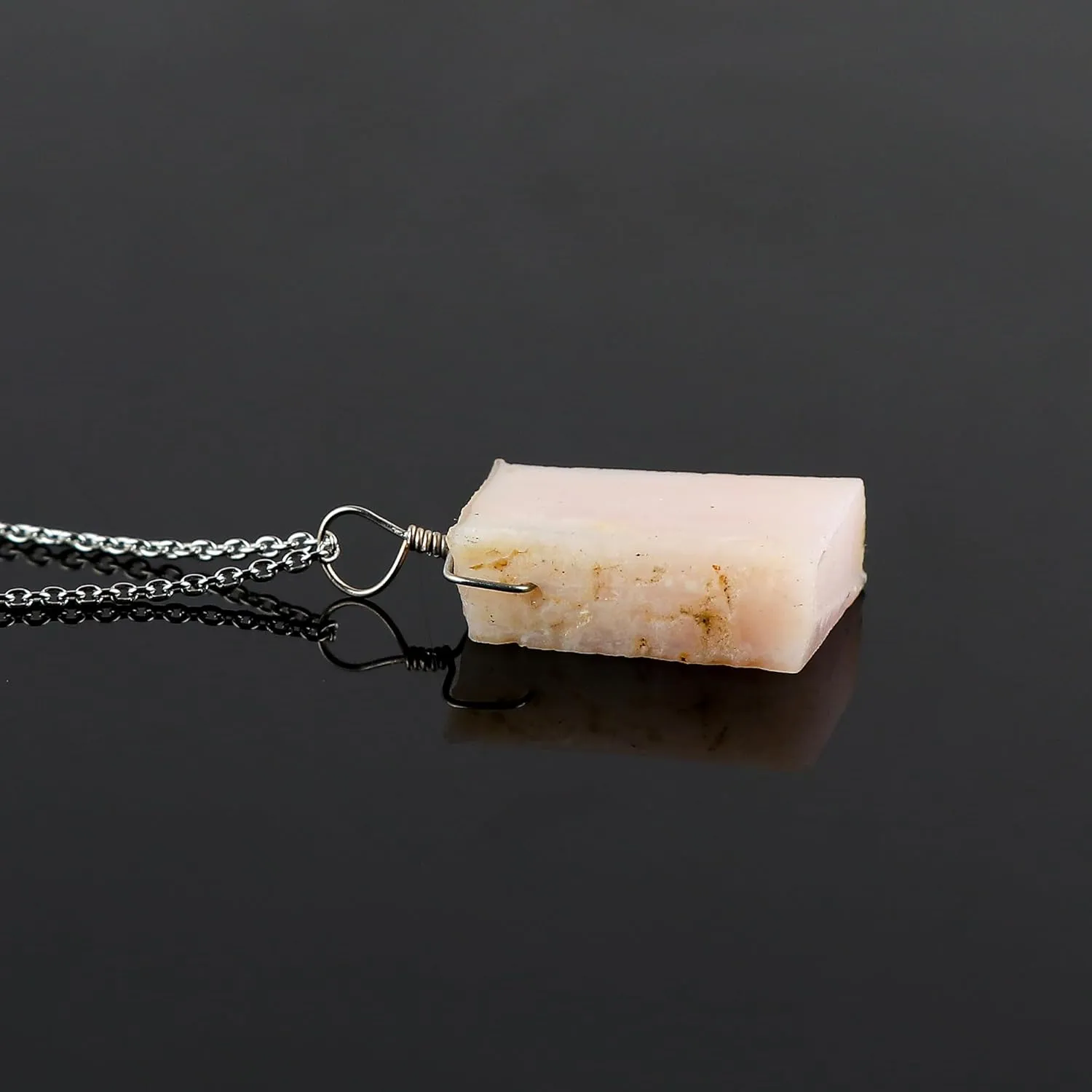 CRYSTALIS Natural Raw Pink Opal Pendant Necklace, High Grade Flat Bar Rough Crystal, Chakra Healing Stone, Gift Giving Women Jewelry, Dainty 925 Sterling Silver Chain 18 inch