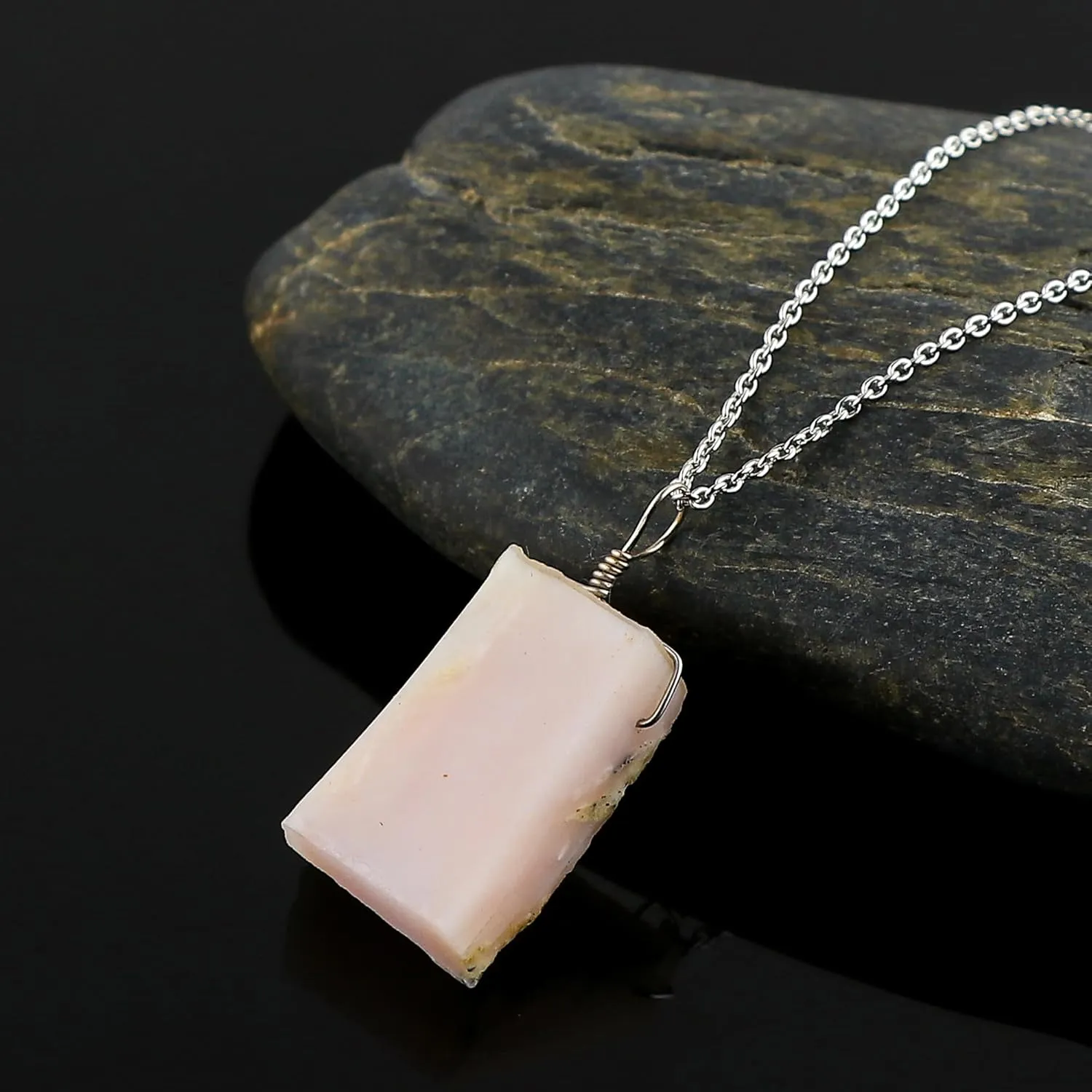 CRYSTALIS Natural Raw Pink Opal Pendant Necklace, High Grade Flat Bar Rough Crystal, Chakra Healing Stone, Gift Giving Women Jewelry, Dainty 925 Sterling Silver Chain 18 inch