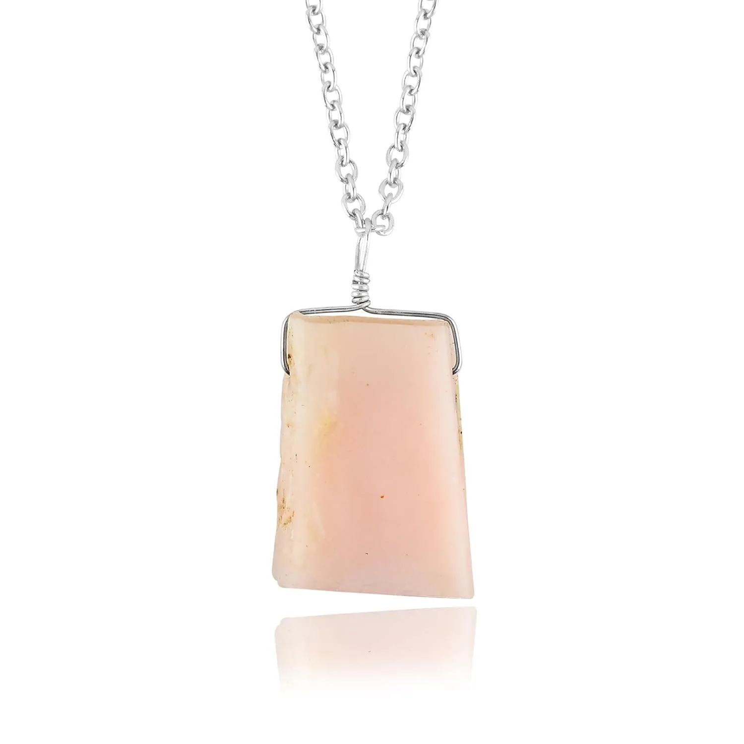 CRYSTALIS Natural Raw Pink Opal Pendant Necklace, High Grade Flat Bar Rough Crystal, Chakra Healing Stone, Gift Giving Women Jewelry, Dainty 925 Sterling Silver Chain 18 inch