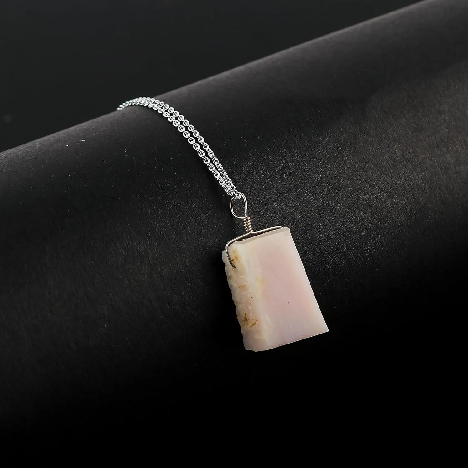 CRYSTALIS Natural Raw Pink Opal Pendant Necklace, High Grade Flat Bar Rough Crystal, Chakra Healing Stone, Gift Giving Women Jewelry, Dainty 925 Sterling Silver Chain 18 inch