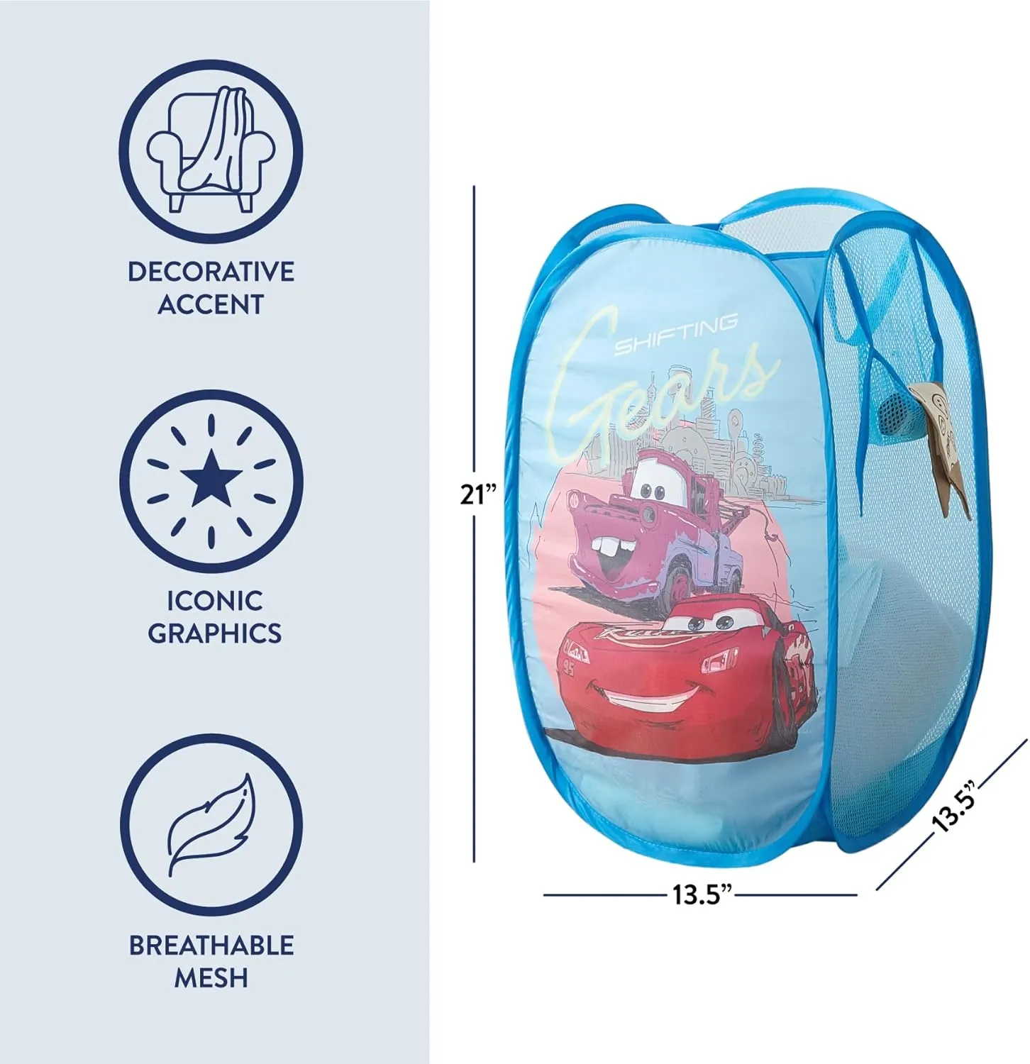 Disney Cars Pop Up Hamper with Durable Carry Handles for Laundry, Nursery, Storage, 21'' H x 13.5'' W X 13.5'' L