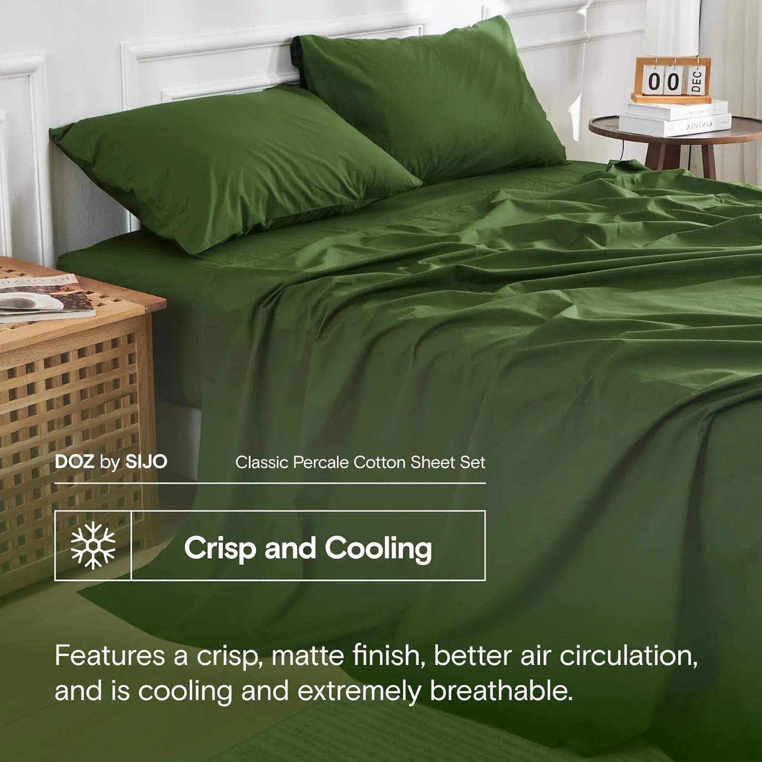 DOZ 100% Long Staple Cotton Sheet Sets, Classic Crisp Percale Weave, Breathable, Matte Finish, Hotel Style, Durable, 4pc – 2 Pillowcases 1 Fitted 1 Flat (Forest, Full)