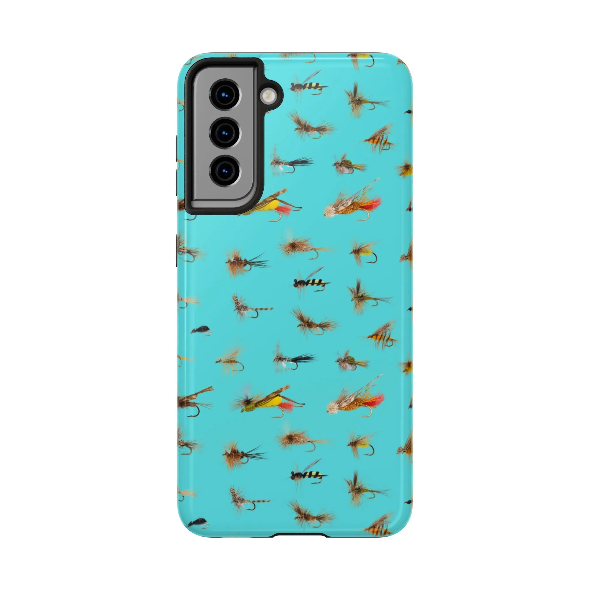 Dry Fly Fishing Lures on Turquoise Tough Phone Case for iPhone and Samsung Smartphones