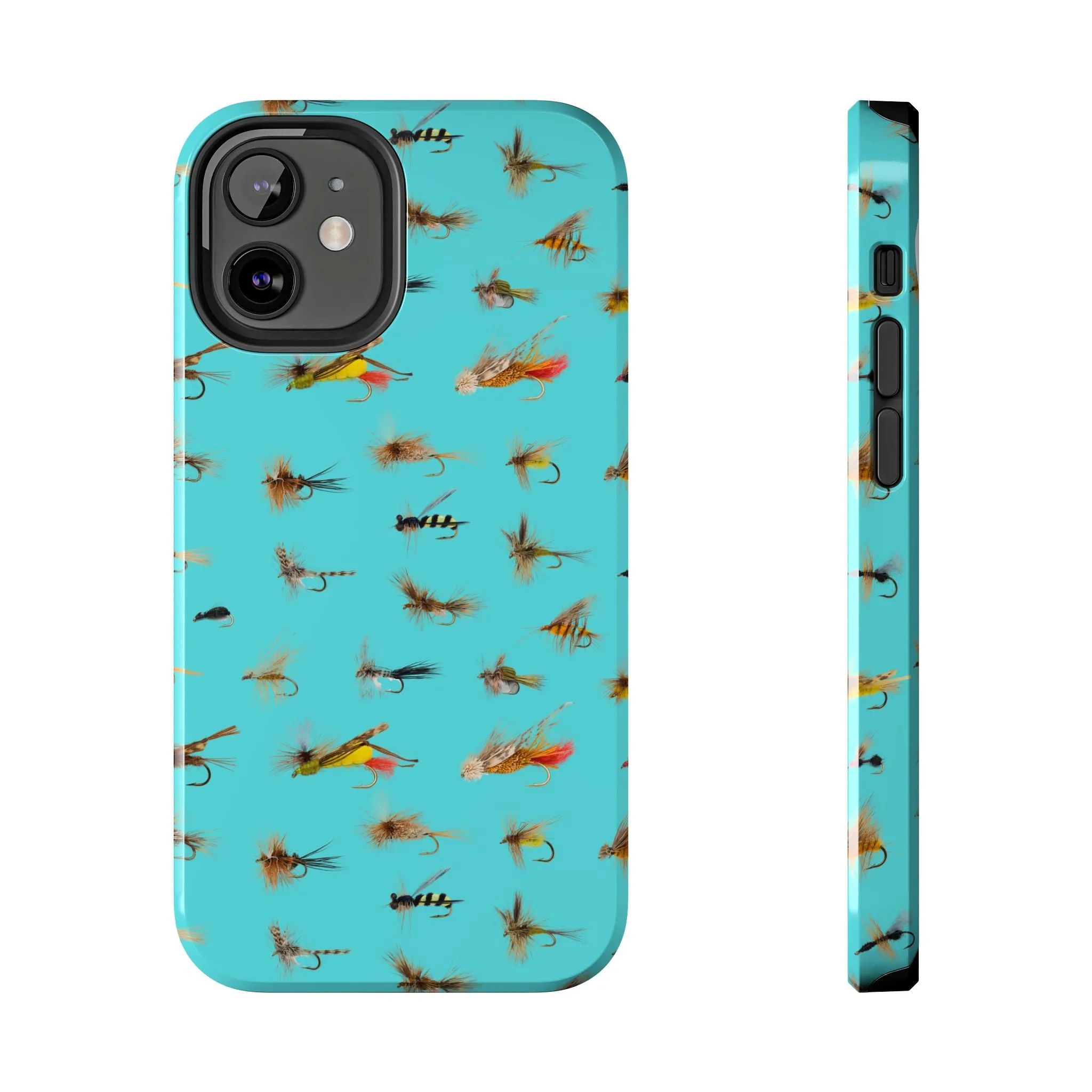 Dry Fly Fishing Lures on Turquoise Tough Phone Case for iPhone and Samsung Smartphones