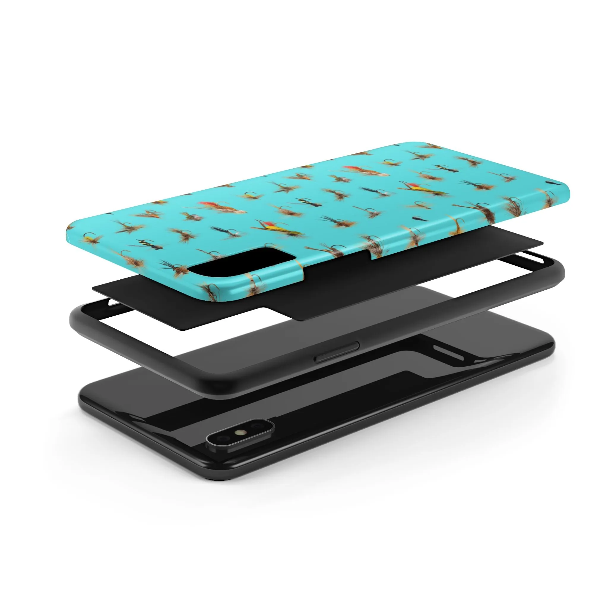 Dry Fly Fishing Lures on Turquoise Tough Phone Case for iPhone and Samsung Smartphones