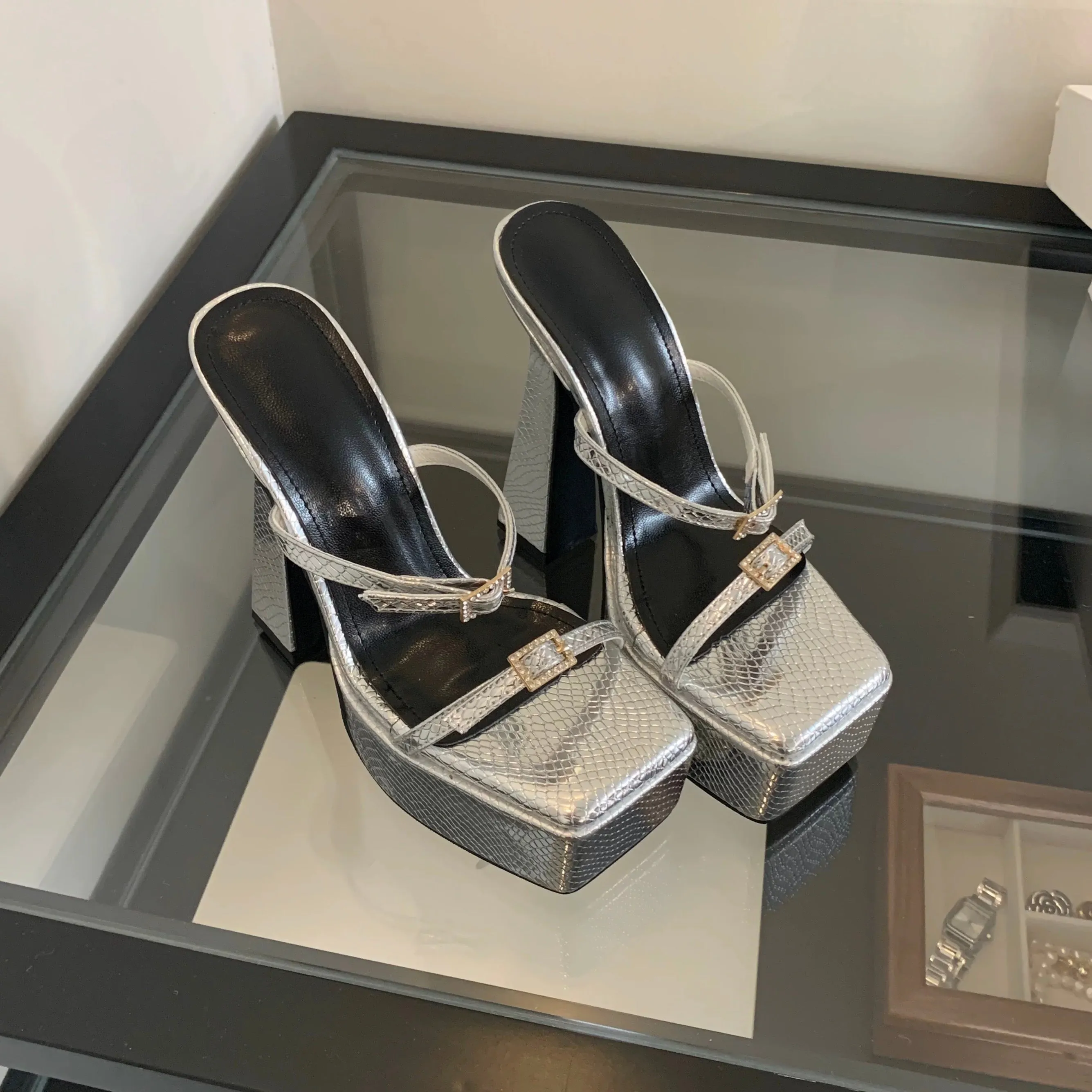 Erika Buckle Detail Platform Mule Heels Silver