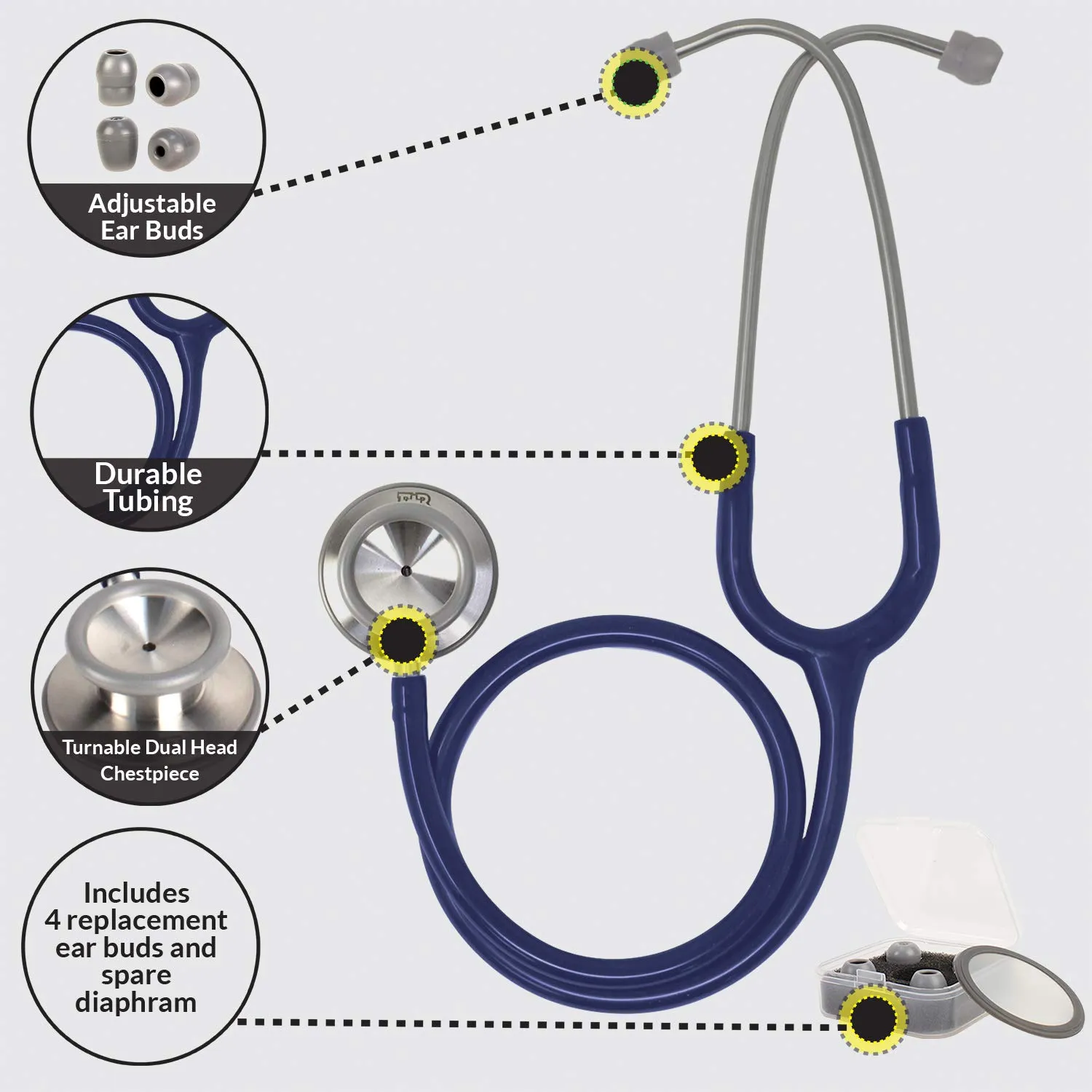 Ever Ready First Aid Pro Classic Dual Head Stethoscope for Paramedics and Nurses, 4 Ear Tips, Replacement Diaphragm - Navy Blue