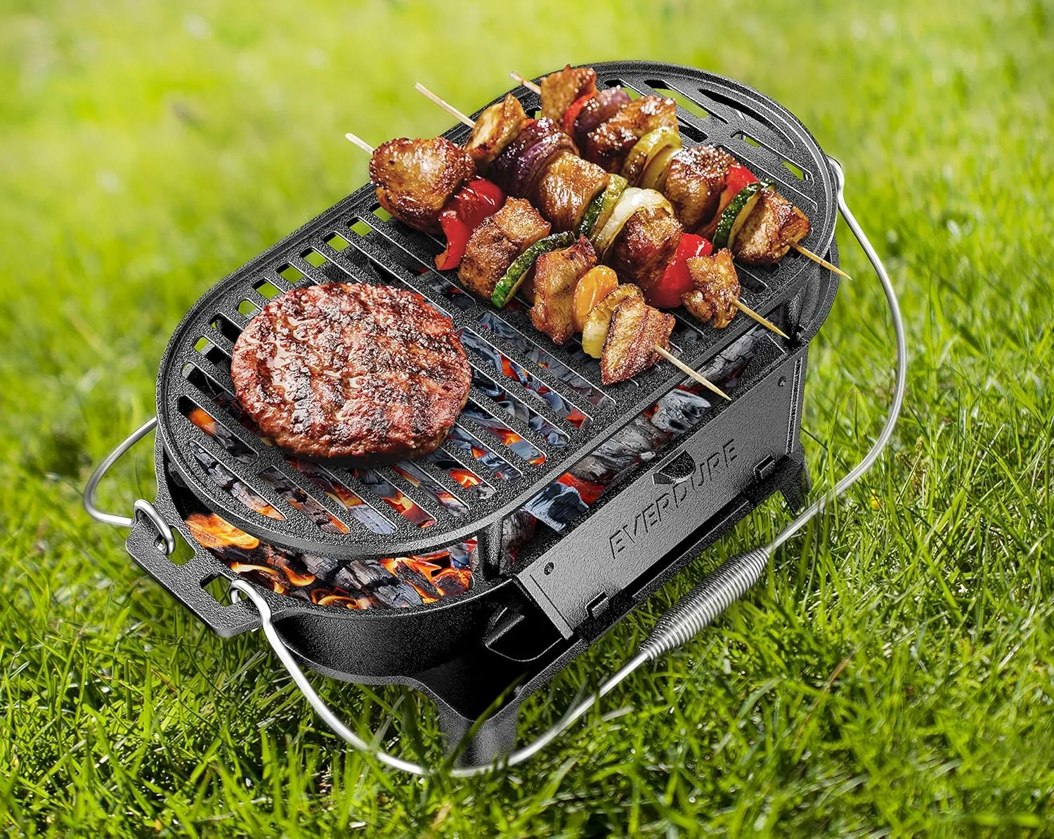 Everdure Oval Cast Iron Grill & Cover – Outdoor, Portable Charcoal Grill and Tabletop Cast Iron Skillet - 100% Cast Iron, Enameled, Durable, Small Charcoal Grill, Camping Stove, Hibachi Grill