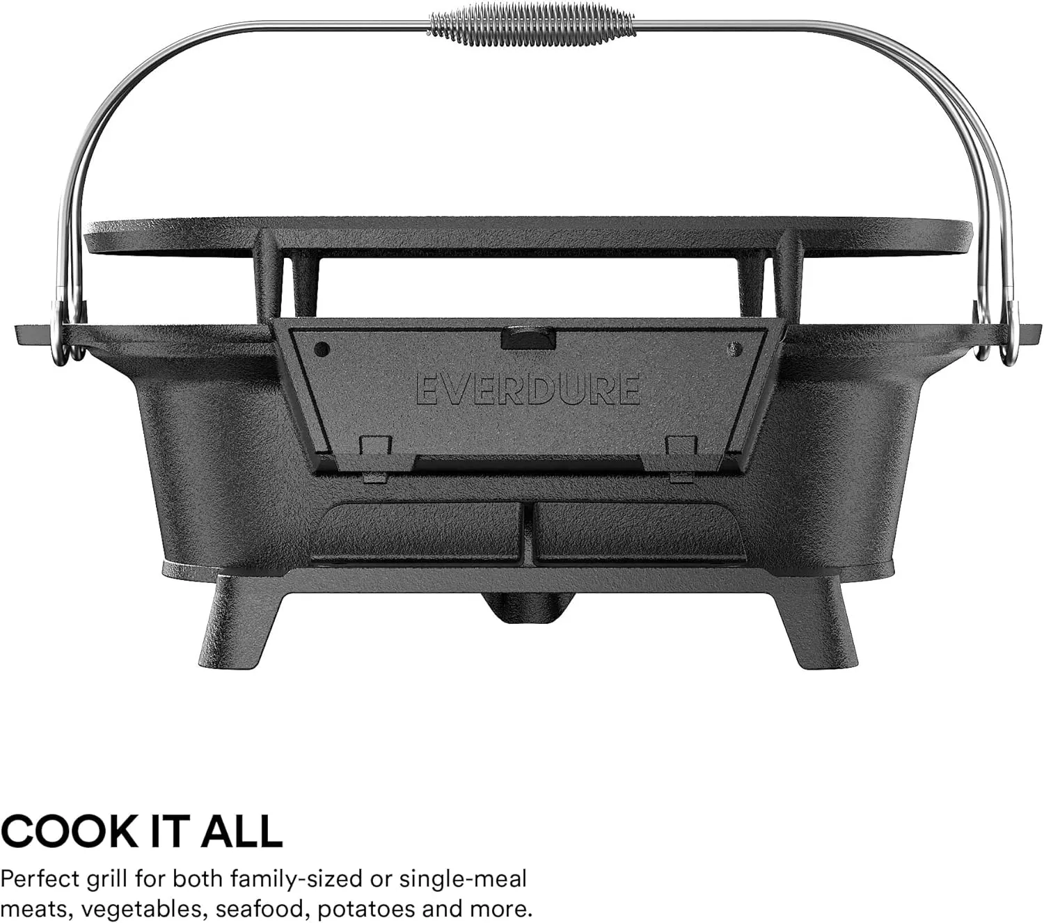 Everdure Oval Cast Iron Grill & Cover – Outdoor, Portable Charcoal Grill and Tabletop Cast Iron Skillet - 100% Cast Iron, Enameled, Durable, Small Charcoal Grill, Camping Stove, Hibachi Grill