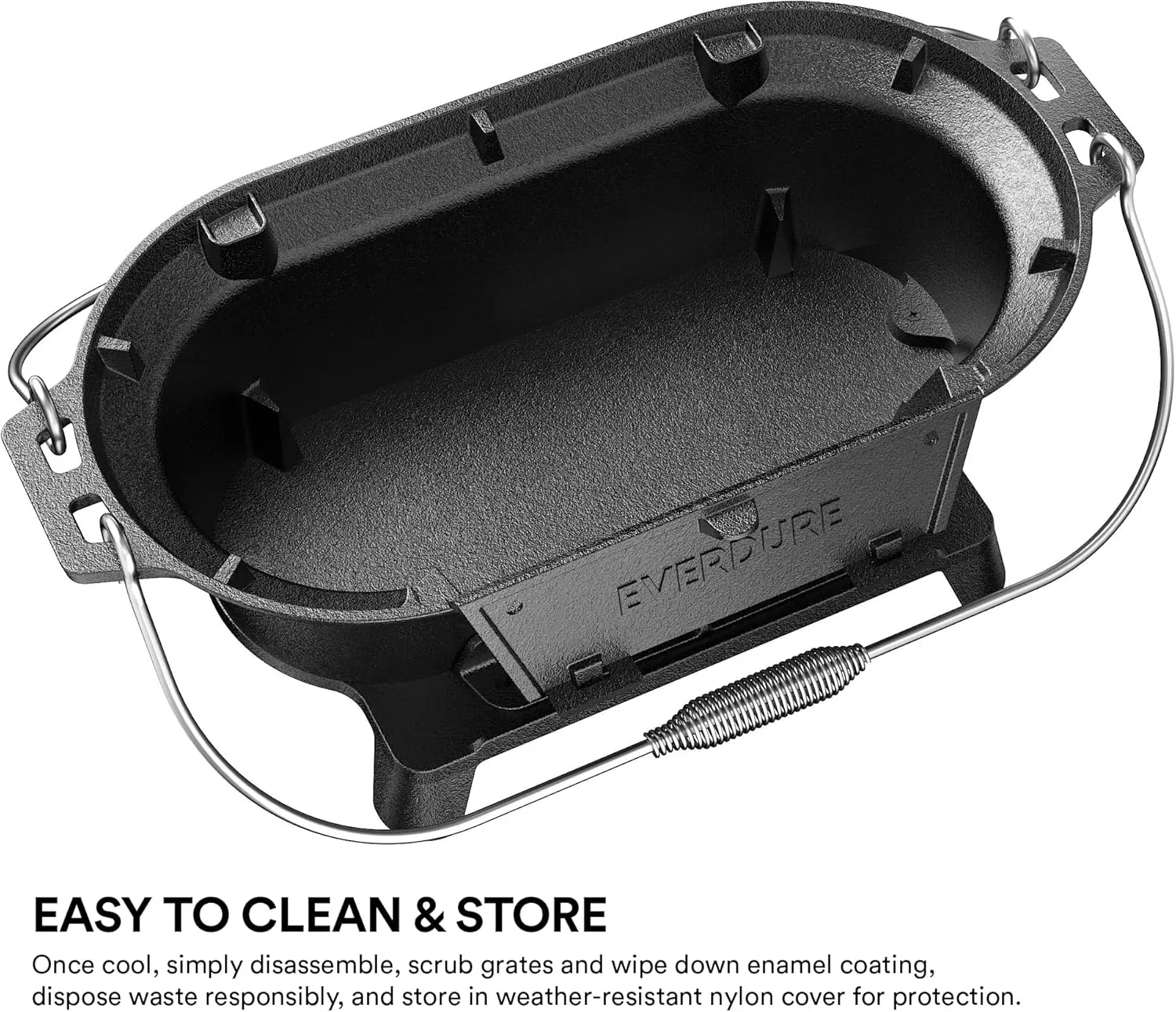 Everdure Oval Cast Iron Grill & Cover – Outdoor, Portable Charcoal Grill and Tabletop Cast Iron Skillet - 100% Cast Iron, Enameled, Durable, Small Charcoal Grill, Camping Stove, Hibachi Grill