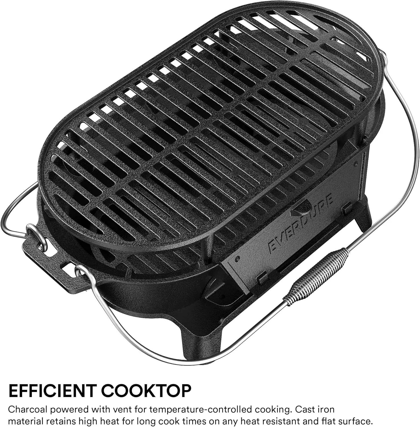 Everdure Oval Cast Iron Grill & Cover – Outdoor, Portable Charcoal Grill and Tabletop Cast Iron Skillet - 100% Cast Iron, Enameled, Durable, Small Charcoal Grill, Camping Stove, Hibachi Grill