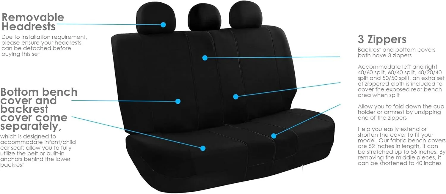 FH Group Light Breathable Durable Washable Flat Foam Padding Cloth Full Set Car Seat Covers, Airbag & Split Compatible w Gift - Universal Fit for Cars Trucks and SUVs (Black)