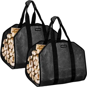 Firewood Carrier with Handles - 2pcs Heavy Duty Canvas Firewood Bag with Handles | Durable Wood Carrier for Firewood | Suitable for Indoor Fireplace and Outdoor Camping - Black, FC2205