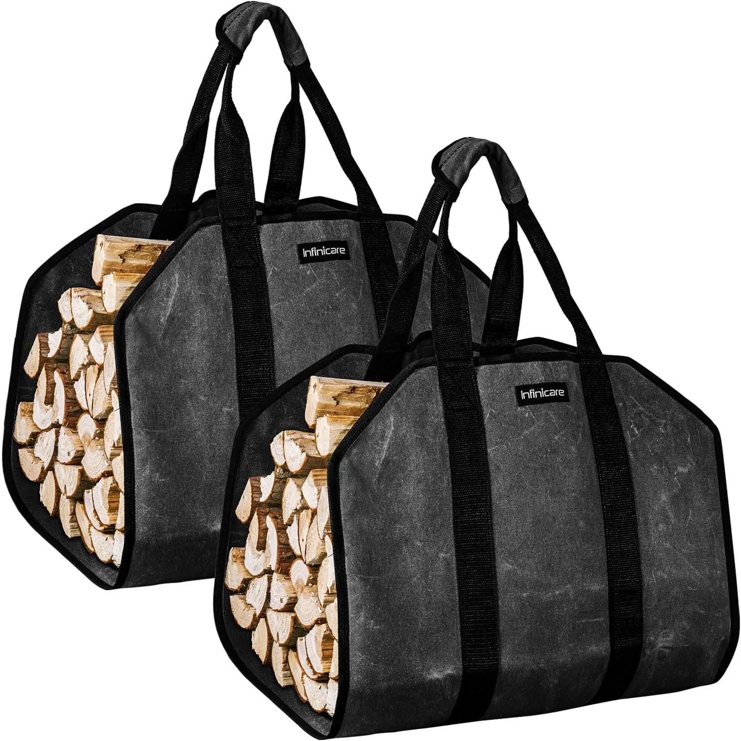 Firewood Carrier with Handles - 2pcs Heavy Duty Canvas Firewood Bag with Handles | Durable Wood Carrier for Firewood | Suitable for Indoor Fireplace and Outdoor Camping - Black, FC2205