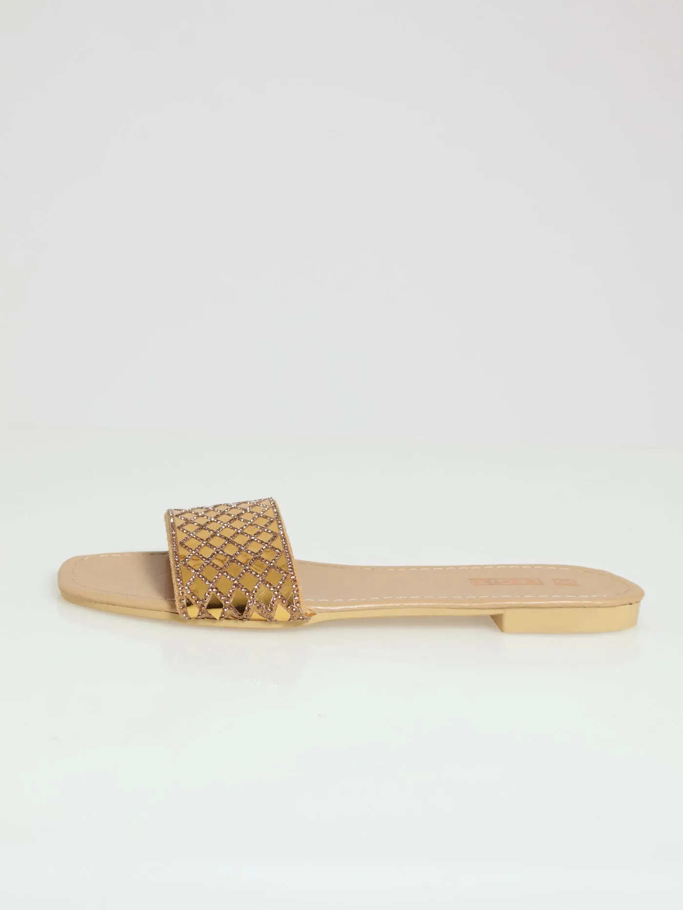 Flat One Strap Mirror Embellished Mule Sandal - Gold