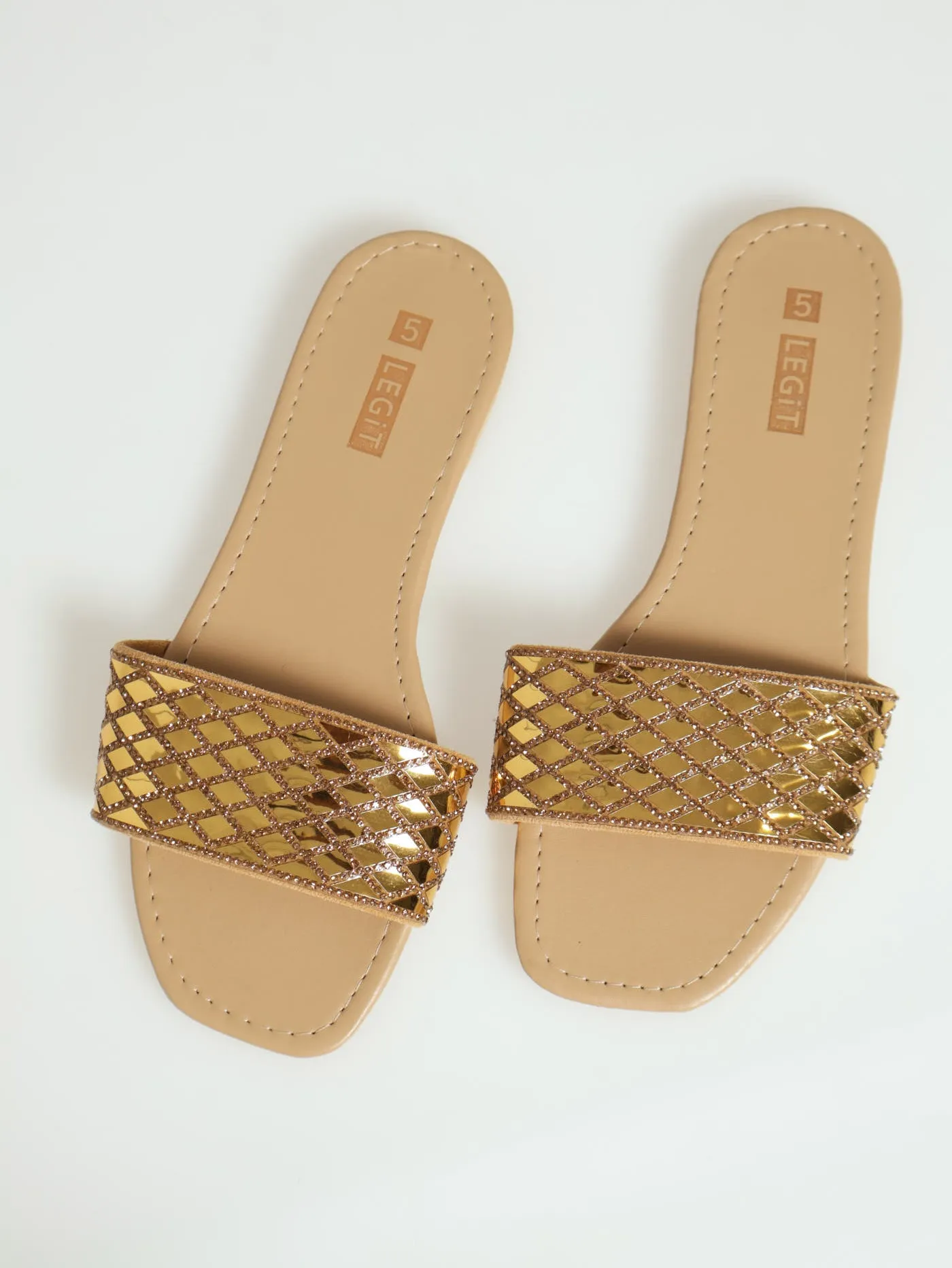 Flat One Strap Mirror Embellished Mule Sandal - Gold