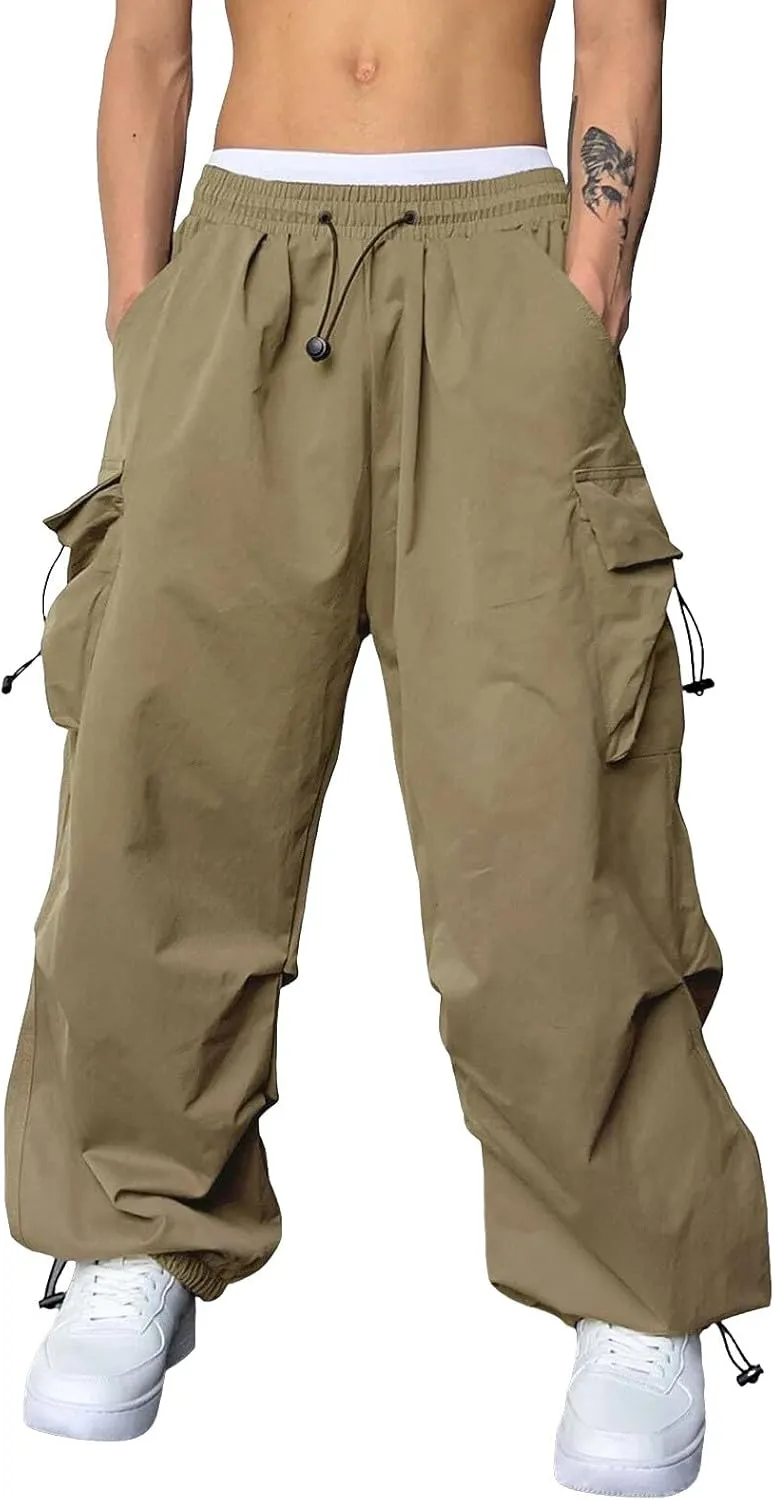 Flat Pocket Parachute Pants for Men Casual Baggy Cargo Pants Unisex Street Pants Drawstring Trousers