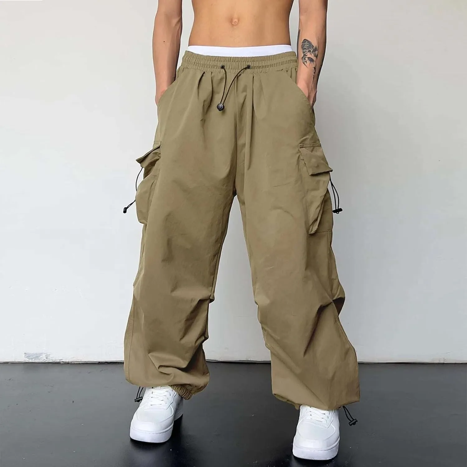 Flat Pocket Parachute Pants for Men Casual Baggy Cargo Pants Unisex Street Pants Drawstring Trousers