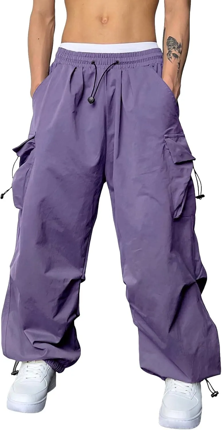 Flat Pocket Parachute Pants for Men Casual Baggy Cargo Pants Unisex Street Pants Drawstring Trousers