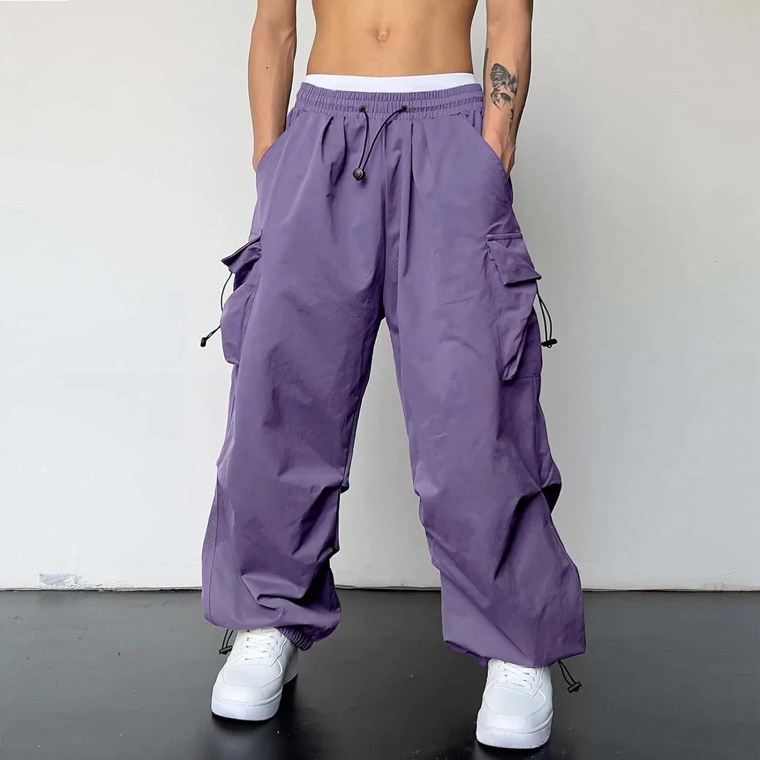 Flat Pocket Parachute Pants for Men Casual Baggy Cargo Pants Unisex Street Pants Drawstring Trousers