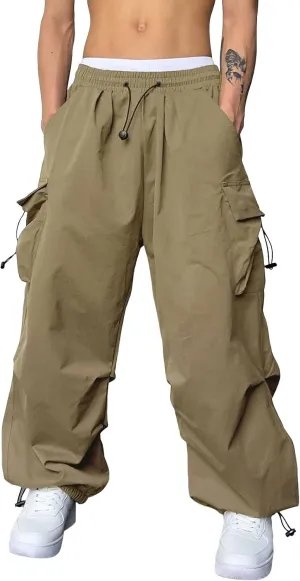 Flat Pocket Parachute Pants for Men Casual Baggy Cargo Pants Unisex Street Pants Drawstring Trousers
