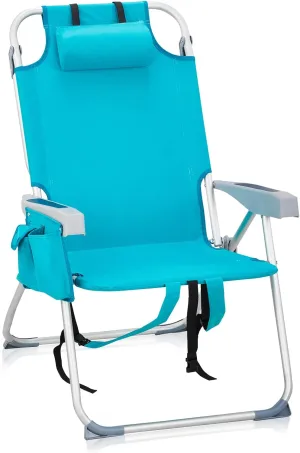 Folding Beach Chair, 4 Position Reclining Backpack Camping Chairs with Headrest Cup Holder Wooden Armrests Heavy Duty Portable Lounge Chairs for Beach Backyard Travel, Mint Green