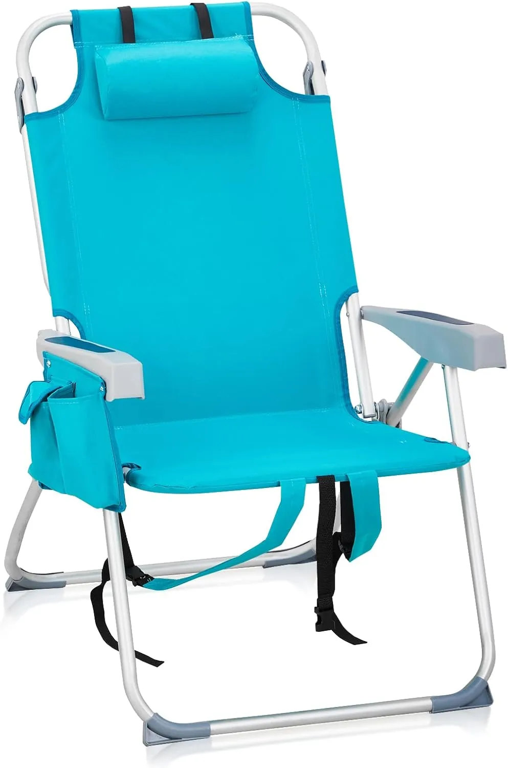 Folding Beach Chair, 4 Position Reclining Backpack Camping Chairs with Headrest Cup Holder Wooden Armrests Heavy Duty Portable Lounge Chairs for Beach Backyard Travel, Mint Green