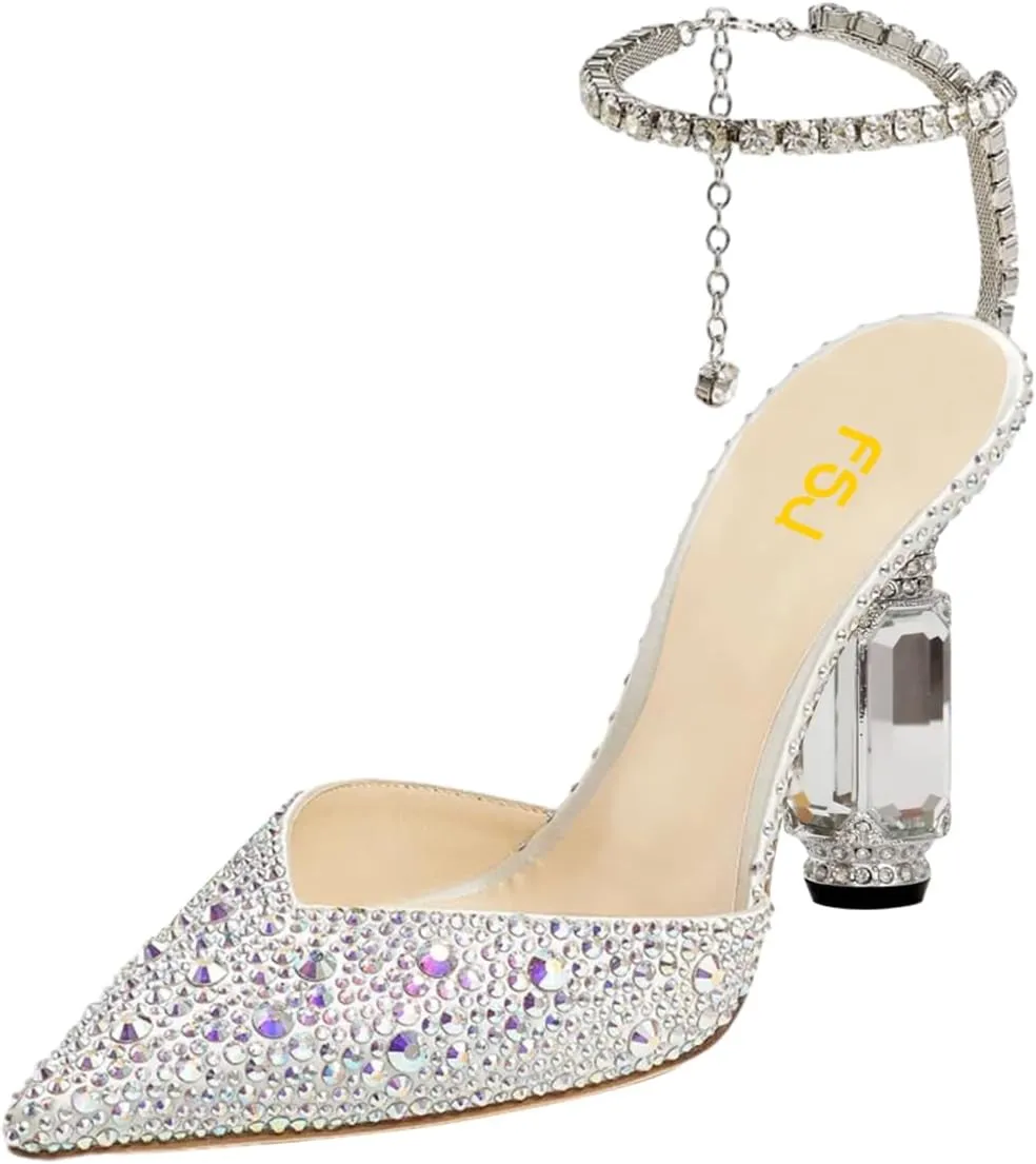 FSJ Women Bridal Heeled Sandals Pointy Toe Crystal Chain Ankle Strap Pumps Luxury Rhinestone Embellished Chunky Heels Wedding Party Dress Shoes Size 4-16 US