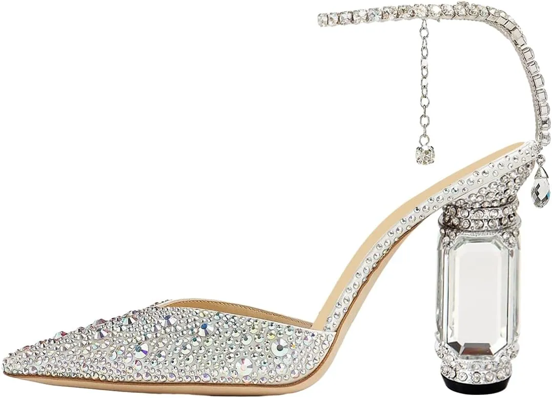 FSJ Women Bridal Heeled Sandals Pointy Toe Crystal Chain Ankle Strap Pumps Luxury Rhinestone Embellished Chunky Heels Wedding Party Dress Shoes Size 4-16 US
